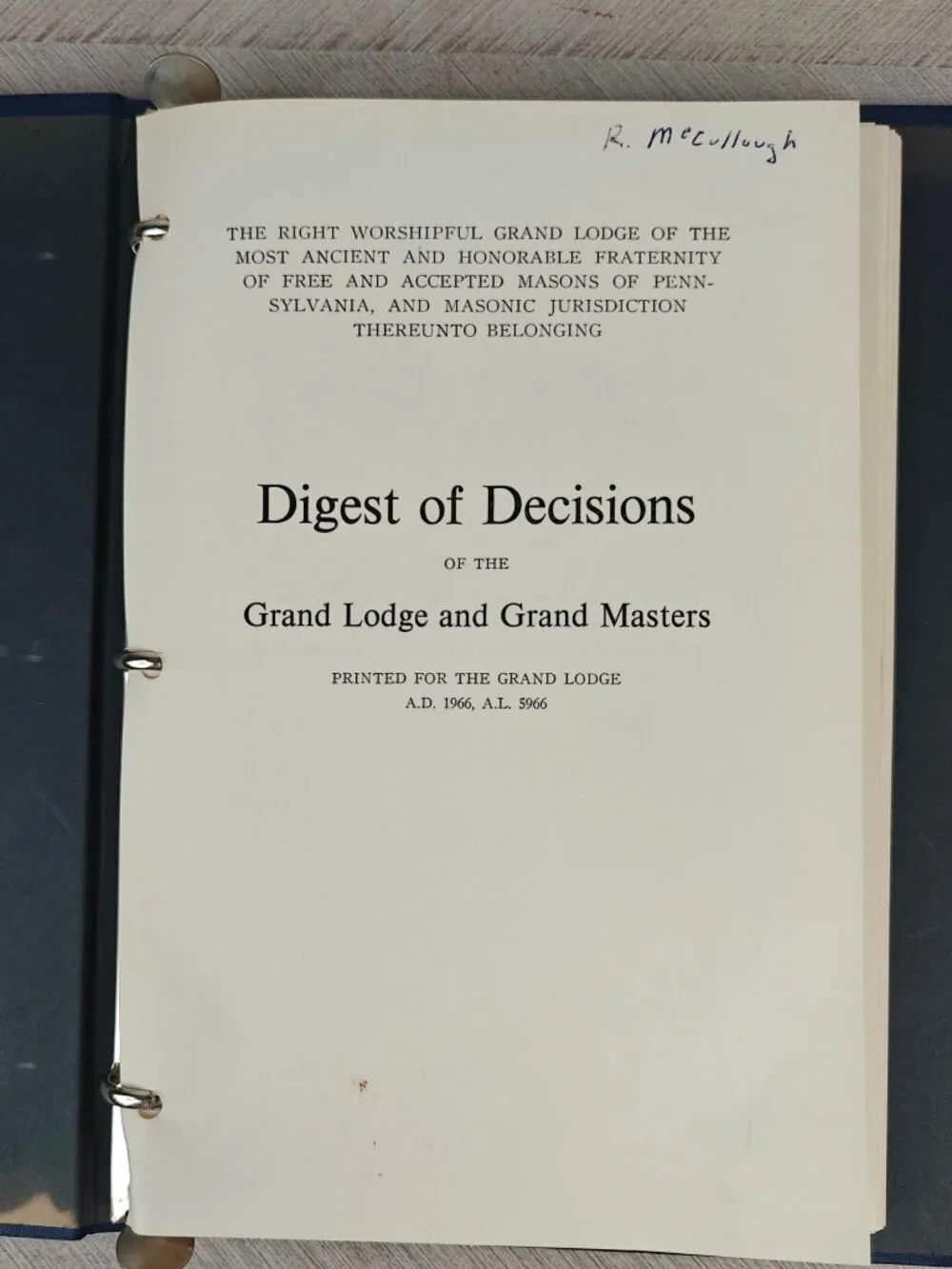 Digest Of Decisions Pennsylvania Grand Lodge HC Binder 1966 Freemasonry Manual